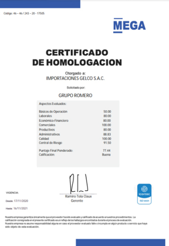Certificado CERTIFICADO DE HOMOLOGACIÓN Gelco